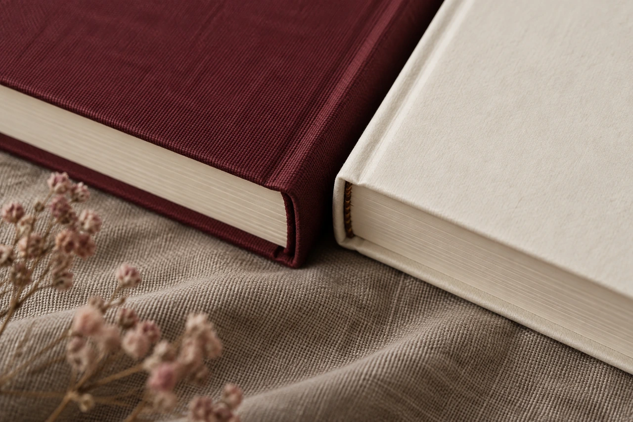 Tranches d'un livre bordeaux et d'un livre crème posés sur du lin avec des fleurs séchées : livre autoédité ou édité
