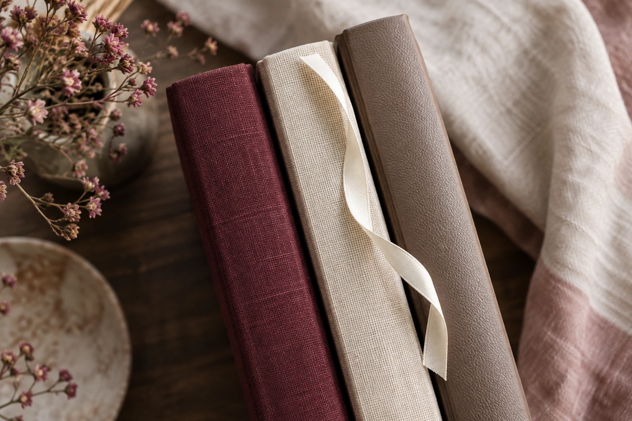 Trois livres reliés bordeaux, lin crème et taupe côte à côte avec un ruban, pour choisir un livre en librairie