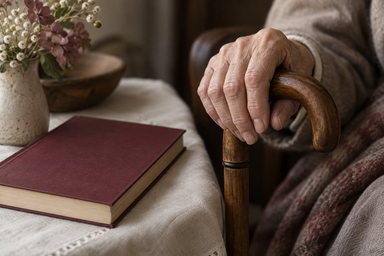 Main âgée posée sur le pommeau d'une canne en bois près d'un livre bordeaux : la représentation du handicap en littérature