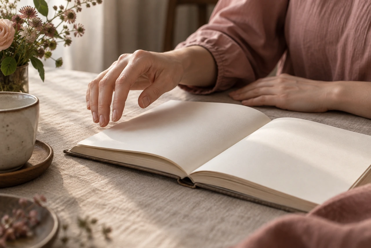 Mains hésitantes au-dessus d'un livre ouvert sur une nappe de lin, image du personnage qui manque de confiance en soi