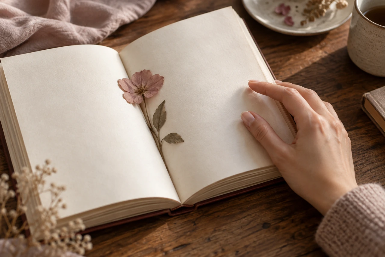 Main posée sur un livre ouvert aux pages blanches avec une fleur séchée rose, image de l'identification au personnage