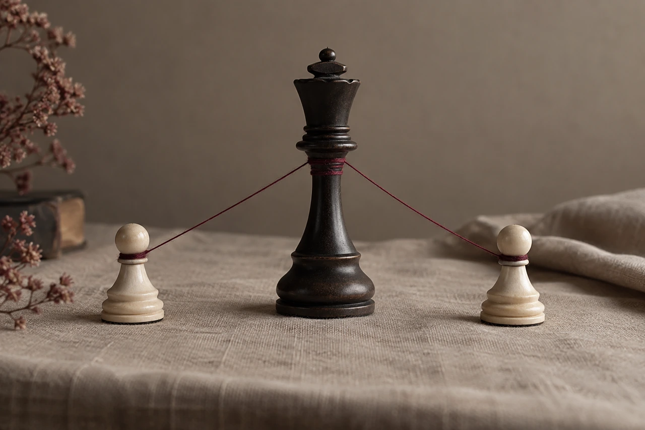 Roi d'échecs noir relié par des fils bordeaux à deux pions blancs sur du lin : le manipulateur dans les romans tire les fils