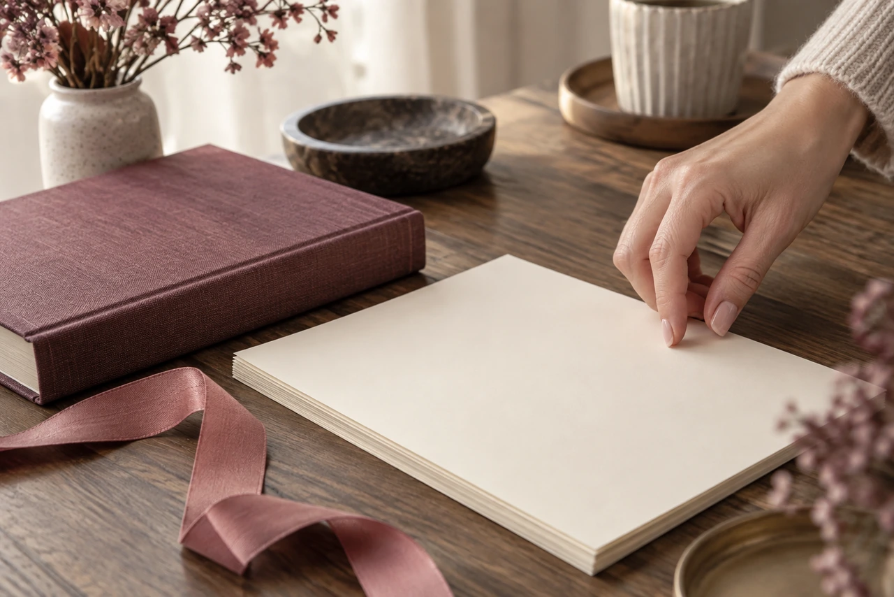 Main sur une liasse de feuilles blanches près d'un livre bordeaux et d'un ruban : un manuscrit prêt pour le comité de lecture