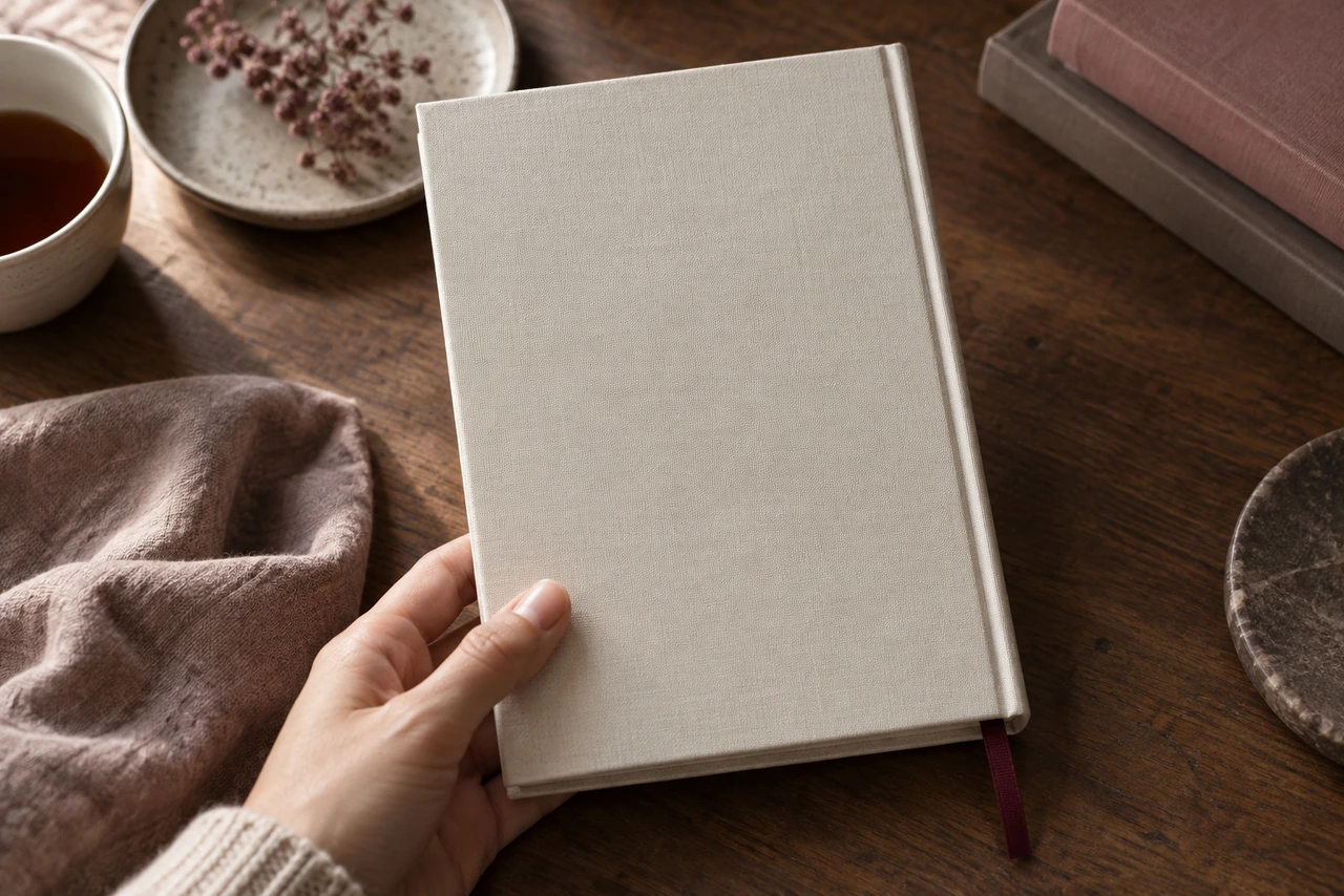 Main posée sur un livre relié en lin écru avec signet bordeaux, tasse de thé : lire le résumé d'un livre avant l'achat