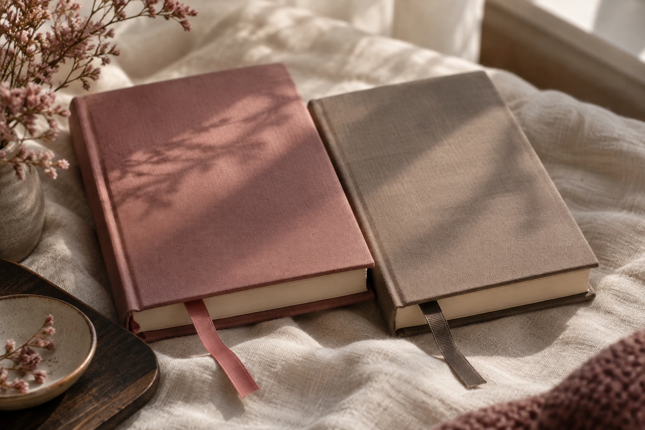 Deux livres reliés, l'un rose, l'autre taupe, sur un drap de lin : un roman de développement personnel ou un essai