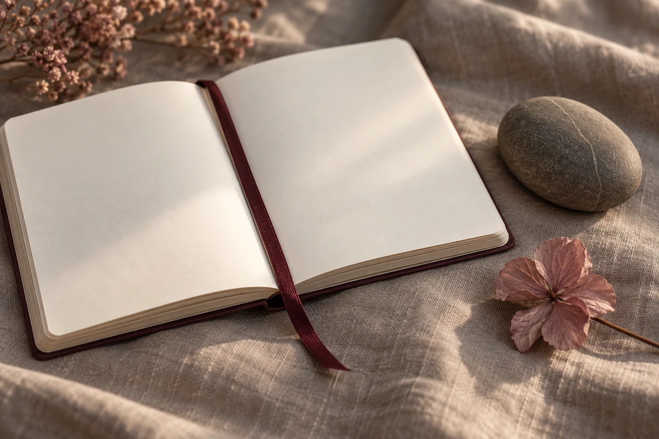 Carnet aux pages blanches avec signet bordeaux, galet et fleur séchée sur du lin : le voyage du héros reste à écrire