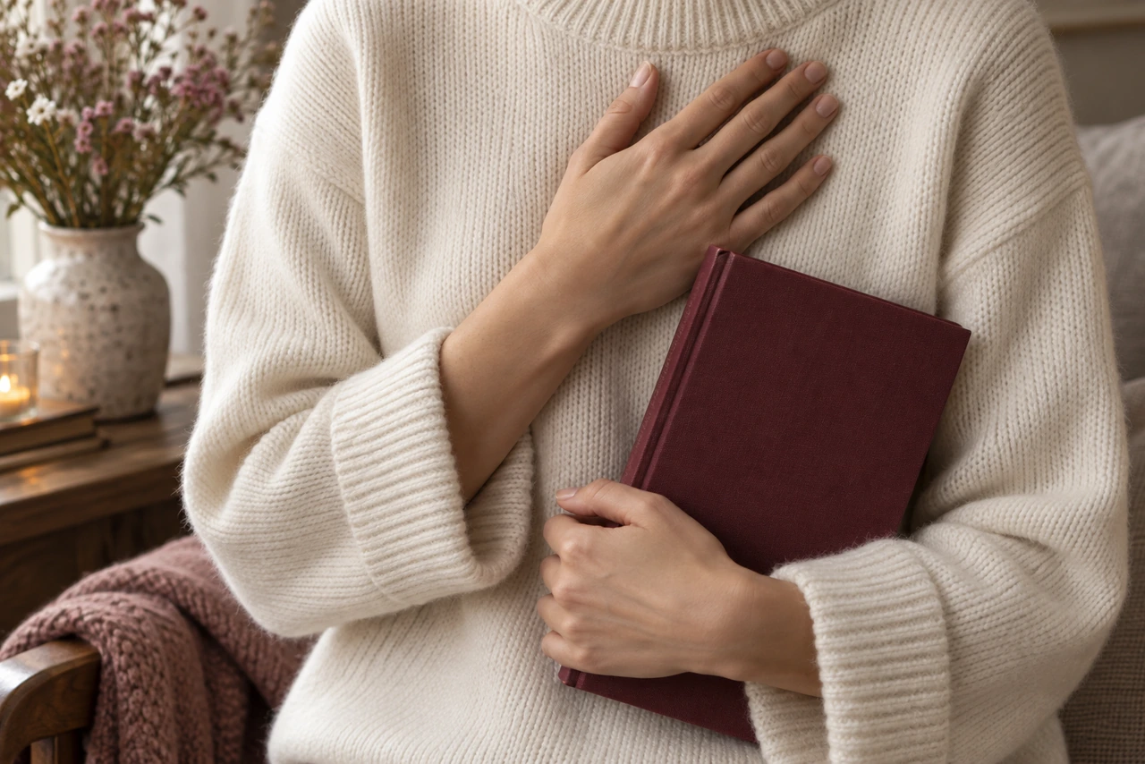 Buste en pull crème, une main sur le cœur, l'autre serrant un livre bordeaux : l'intimité du narrateur à la première personne