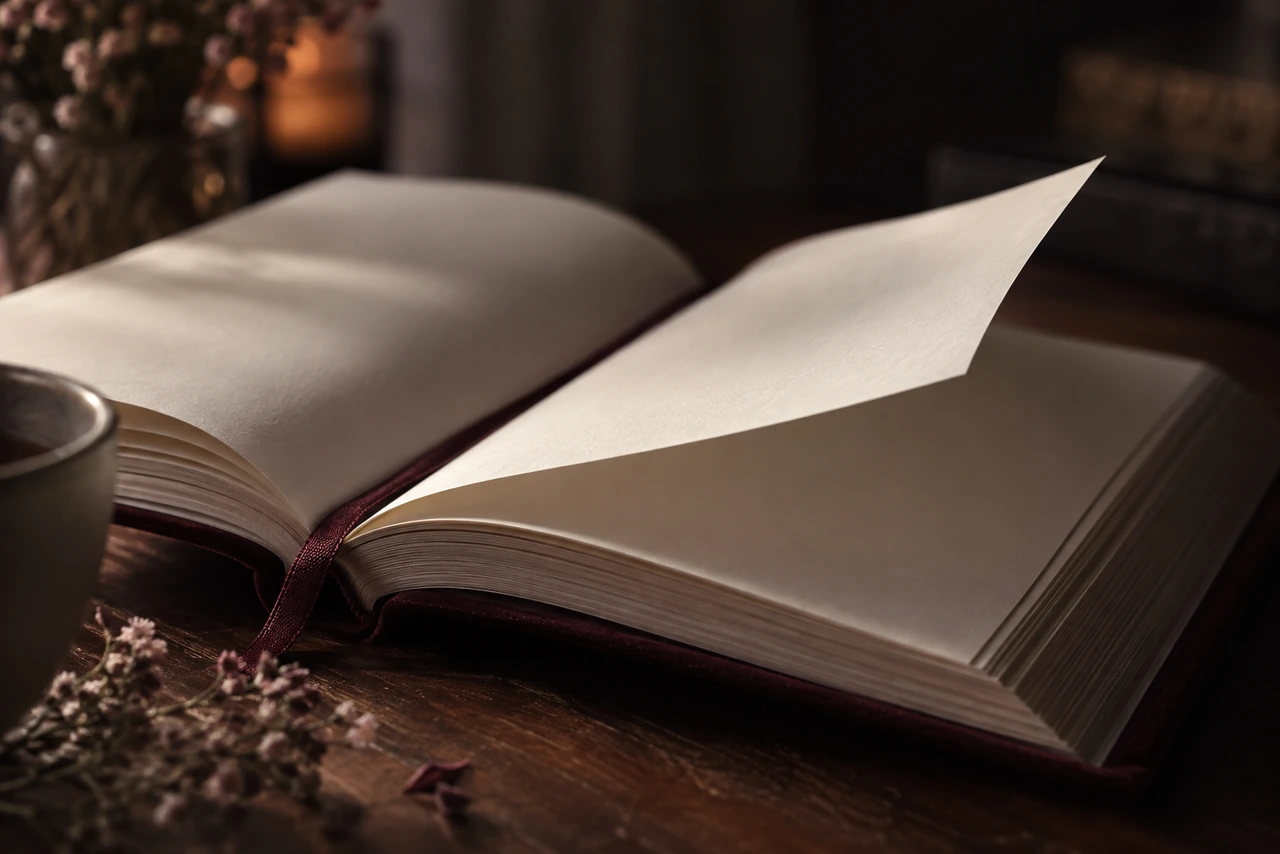 Livre à suspense ouvert sur un bureau en bois, une page qui se soulève, signet bordeaux et fleurs séchées
