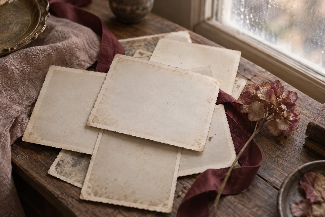 Vieilles photographies aux bords dentelés, sans image, posées sur une table avec un ruban bordeaux : roman perte de mémoire