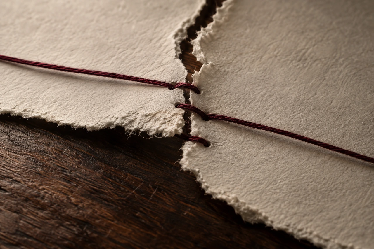 Deux morceaux de papier déchiré reliés par un fil bordeaux sur du bois sombre, symbole de la vengeance en littérature