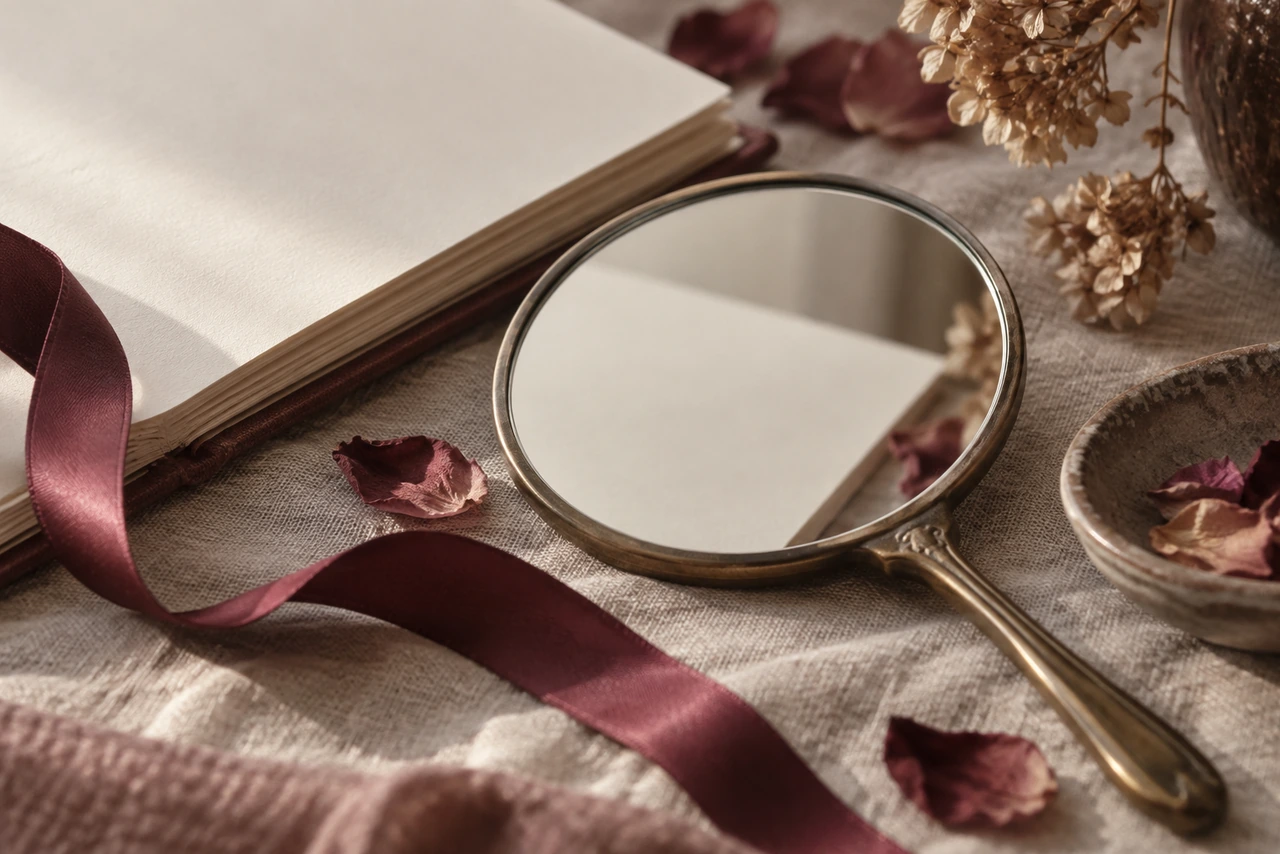 Miroir à main ancien posé près d'un livre ouvert, ruban bordeaux et pétales de rose, lecture et regard sur soi