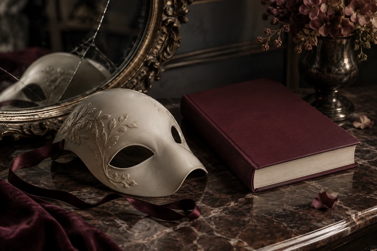 Masque vénitien blanc devant un miroir brisé et un livre bordeaux sur un marbre, symbole du roman sur l'emprise