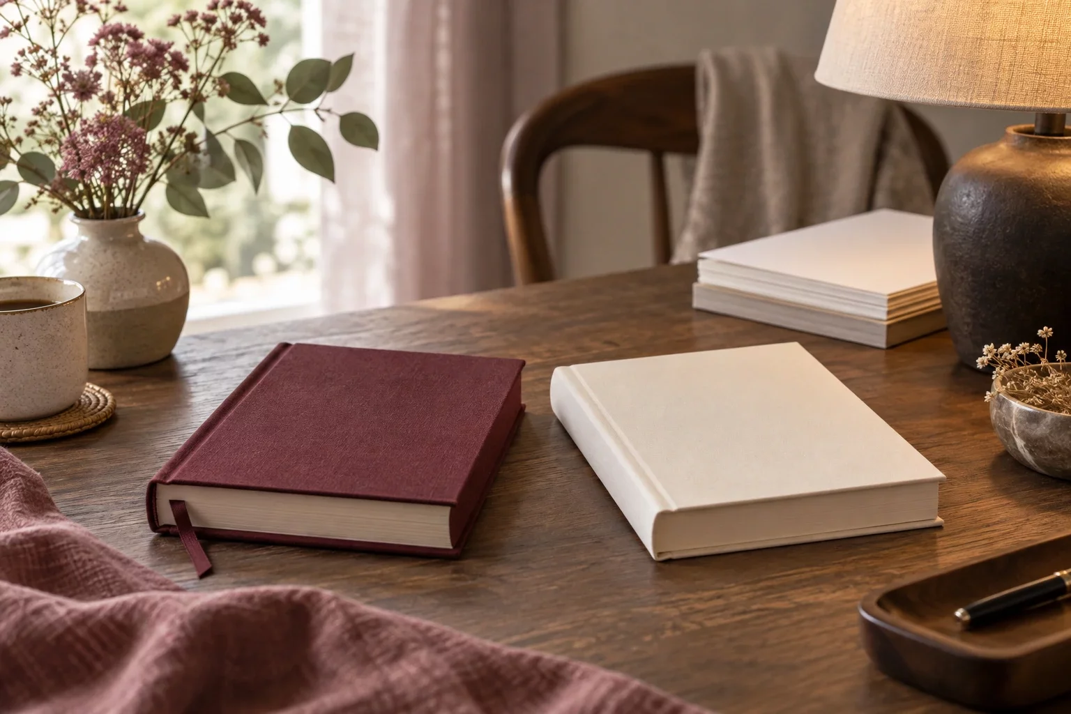 Livre relié bordeaux et livre crème côte à côte sur une table en bois près d'une lampe : autoédition ou maison d'édition ?