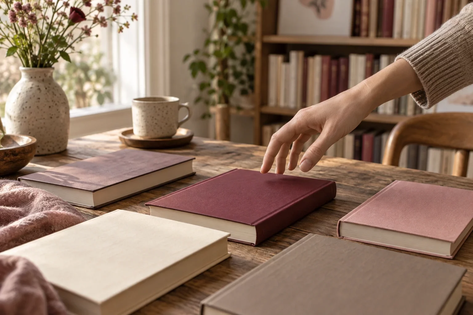 Main hésitant au-dessus de livres aux couvertures unies sur une table en bois, devant une bibliothèque : choisir un livre