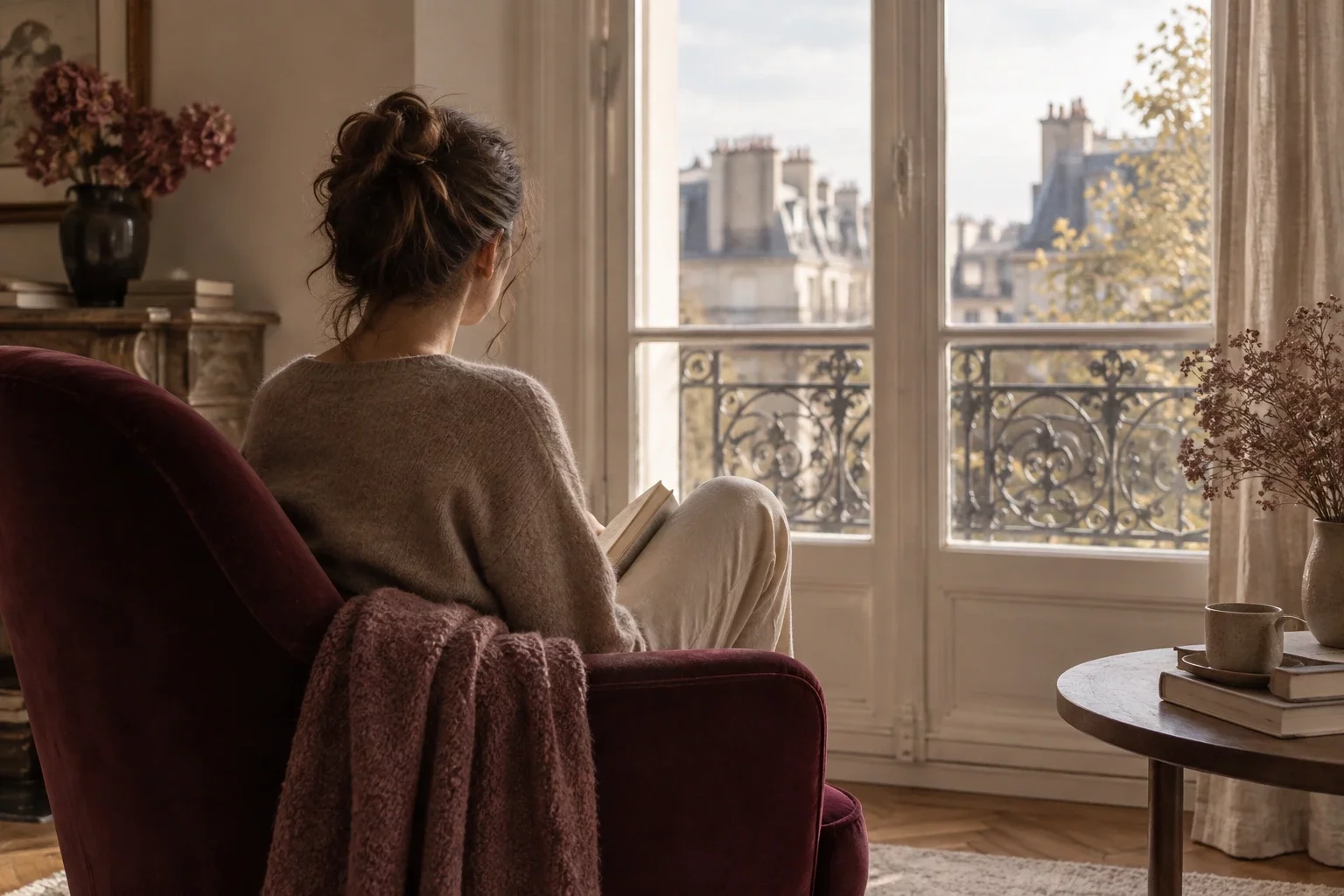 Lectrice de dos dans un fauteuil bordeaux face à un balcon parisien, livre en main, sur le manque de confiance en soi