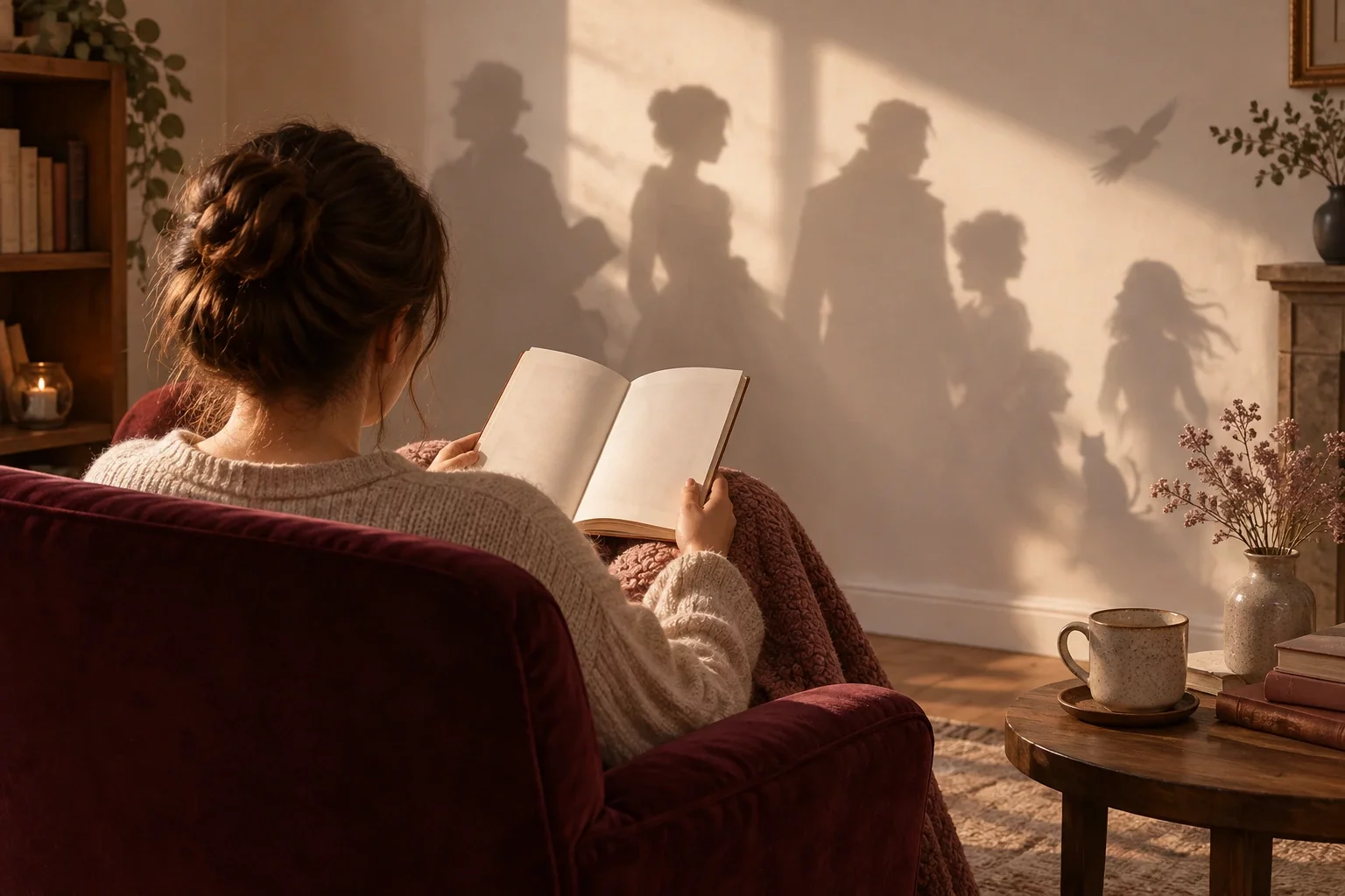 Lectrice de dos dans un fauteuil bordeaux, ombres de personnages de roman projetées sur le mur ensoleillé du salon