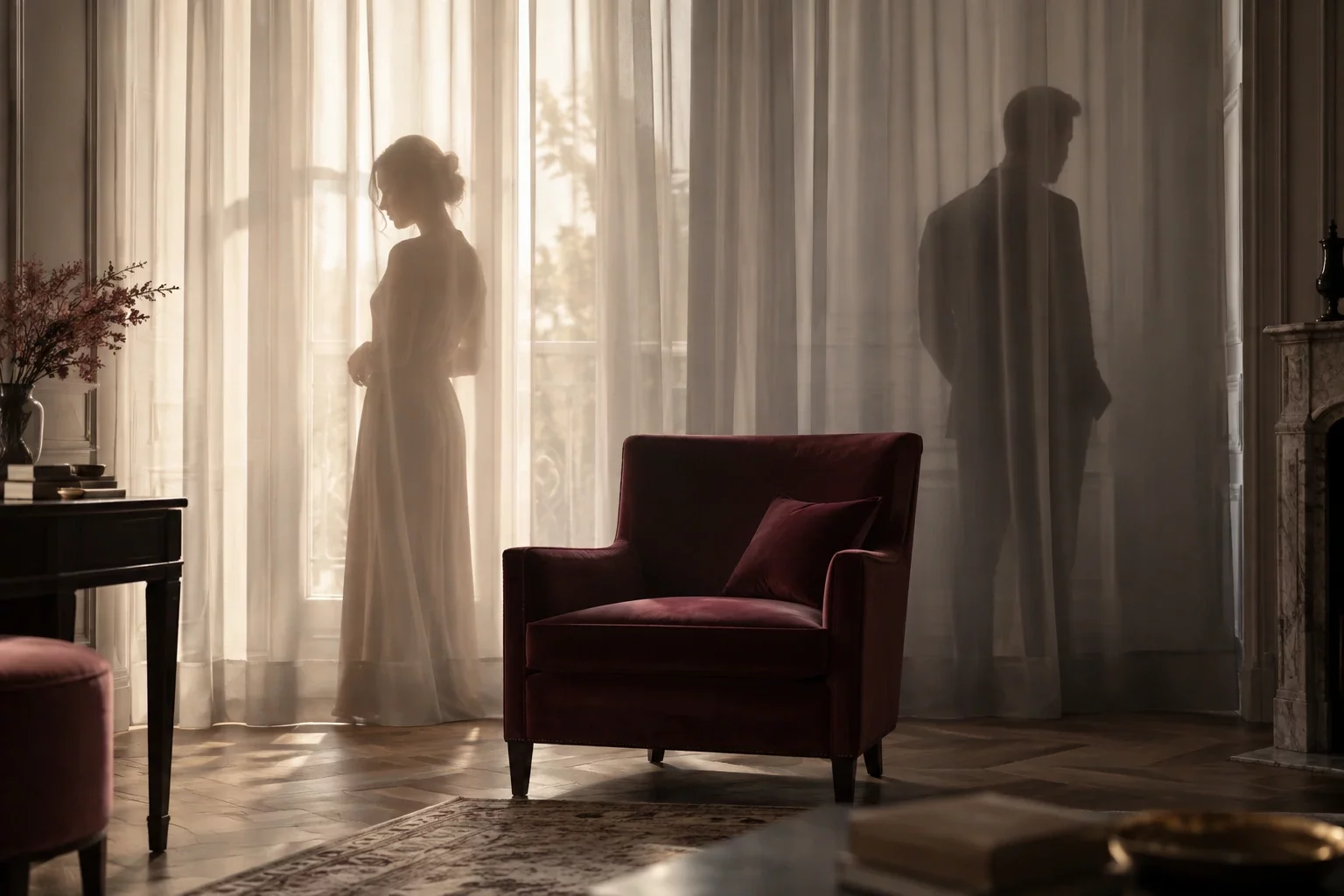 Deux silhouettes derrière des voilages, l'une en lumière, l'autre dans l'ombre, et un fauteuil : un personnage manipulateur