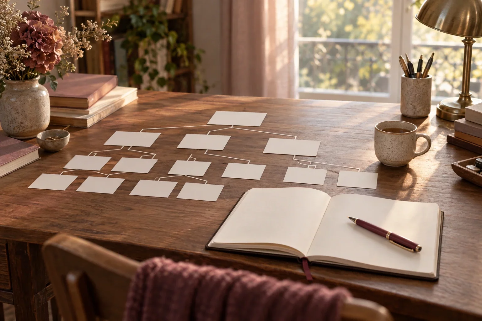 Fiches blanches reliées en arborescence sur un bureau ensoleillé, carnet ouvert et stylo plume : dresser un plan de roman