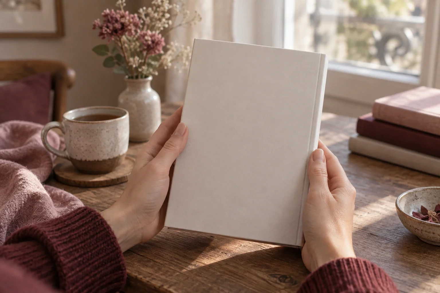 Mains tenant un livre blanc retourné pour lire sa quatrième de couverture, tasse de thé et livres sur une table en bois