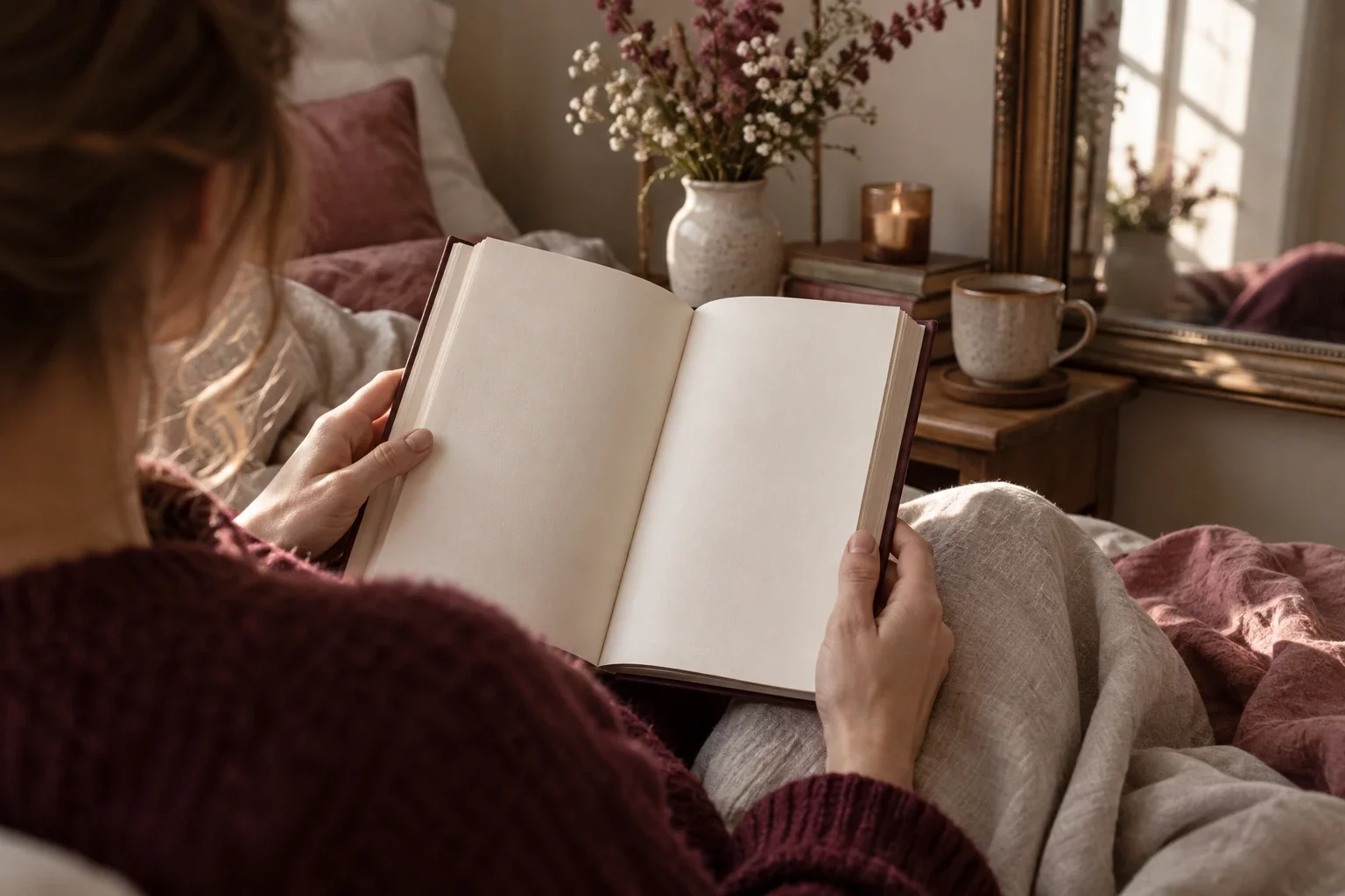 Lectrice en pull bordeaux tenant un roman à la première personne ouvert, blottie dans un lit en lin, bougie et miroir doré