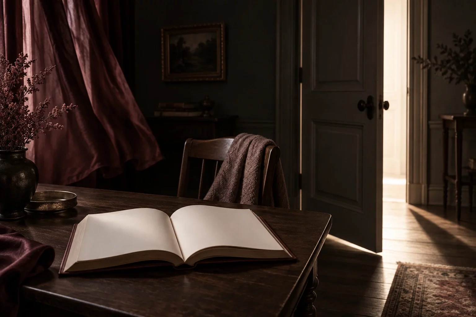 Roman à suspense ouvert sur une table sombre, rideau bordeaux soulevé et porte entrouverte laissant filtrer la lumière