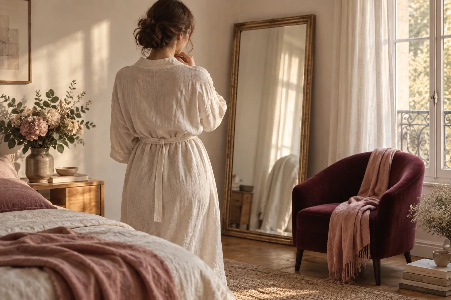Femme de dos en peignoir de lin blanc face à un grand miroir doré dans une chambre lumineuse : apprendre à accepter son corps