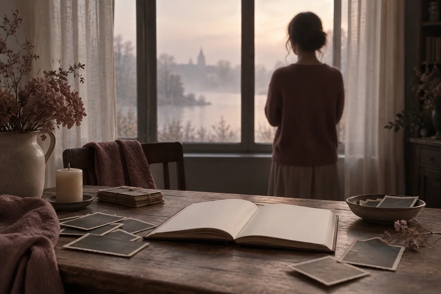 Femme de dos devant une fenêtre sur un lac brumeux, livre ouvert et vieilles photographies sur une table, roman amnésie