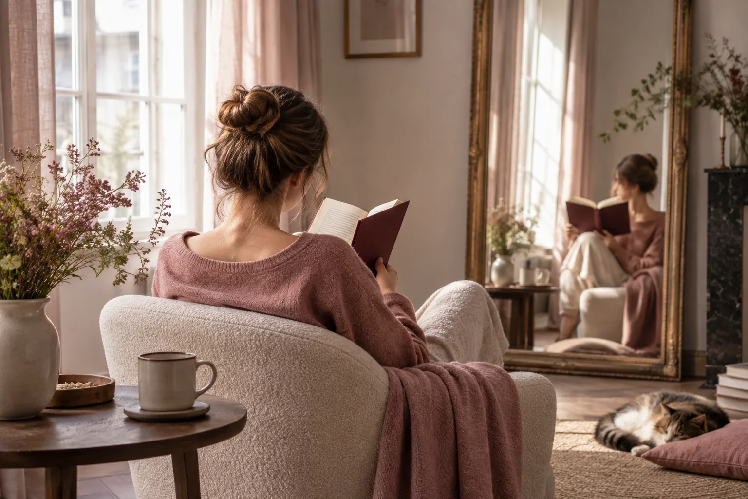 Lectrice de dos dans un fauteuil bouclette, livre bordeaux en main, reflet dans un grand miroir doré : estime de soi et roman
