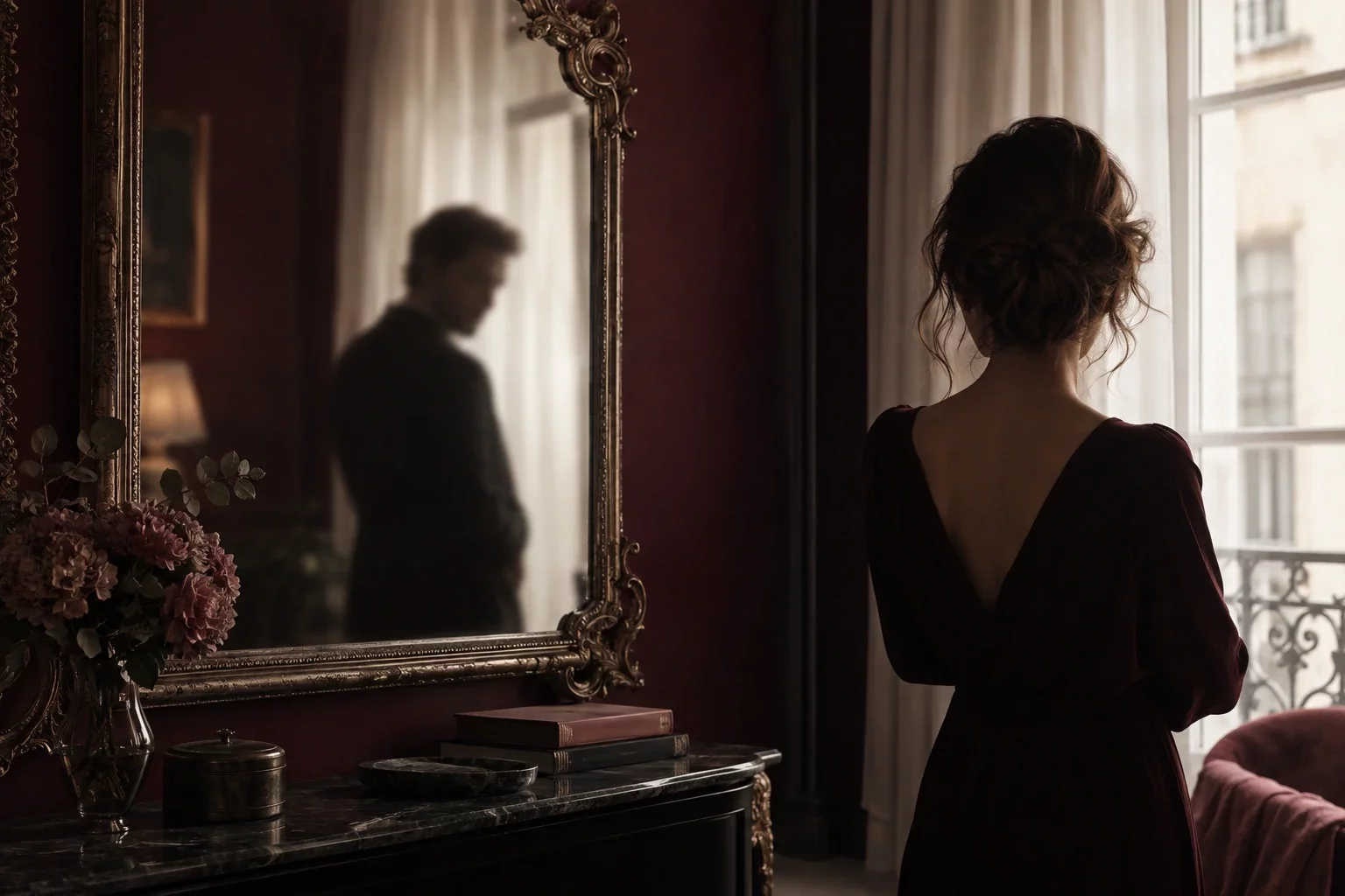 Femme de dos en robe bordeaux, silhouette d'homme floue dans un miroir doré : une scène de roman sur le pervers narcissique